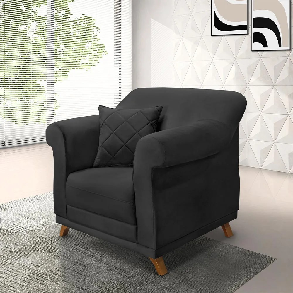 Poltrona Decorativa com 1 Almofada Armstrong Veludo Preto G63 - Gran Belo
