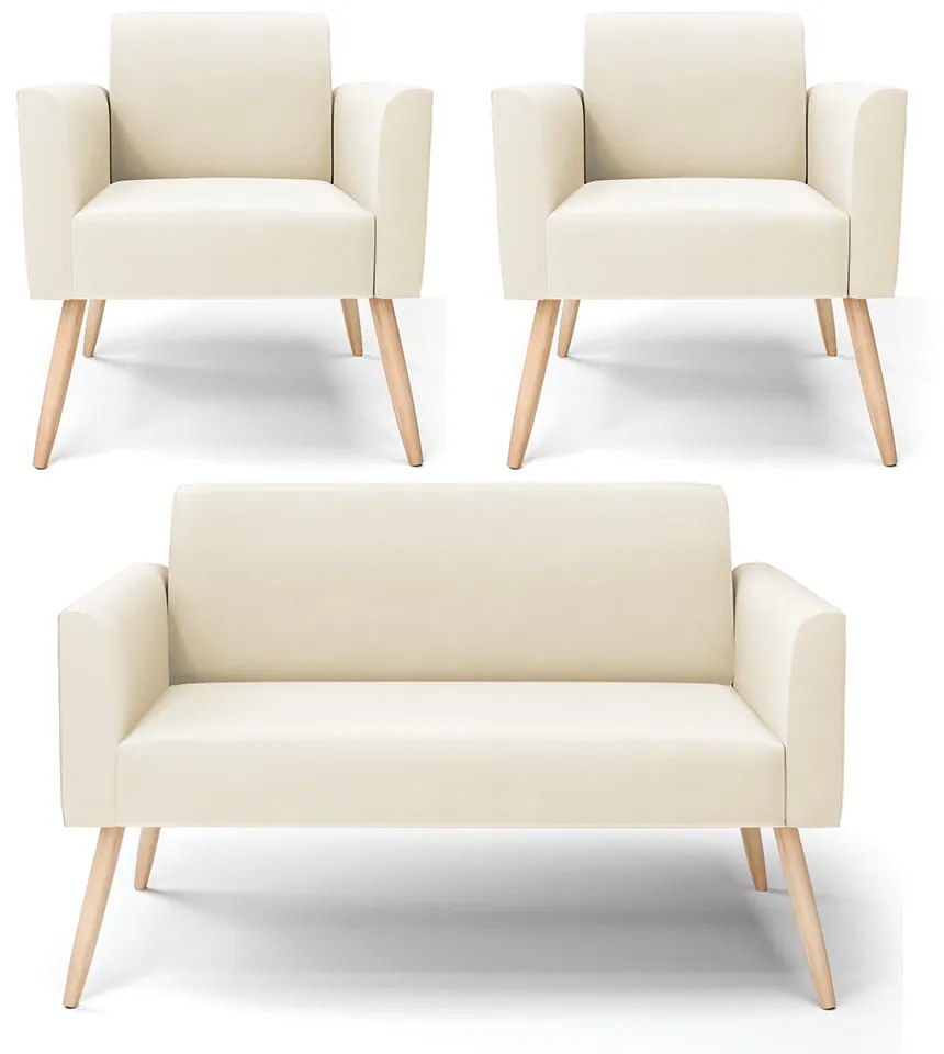 Sofá Namoradeira com 2 Poltronas Pés Palito Natural Marisa Veludo D03 - DRossi - Bege