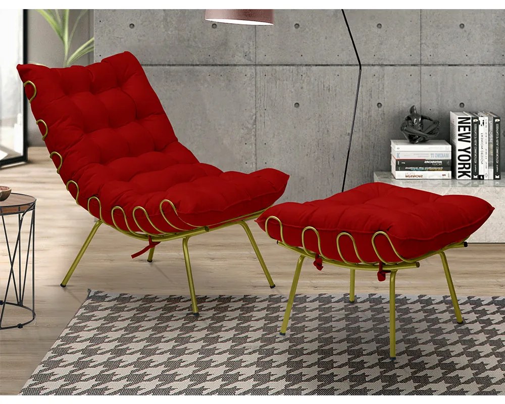Puff Decorativo Sala de Estar Abel Pés Dourado Suede Vermelho G41 - Gran Belo