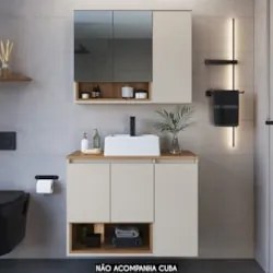 Gabinete Banheiro 80cm 3 Portas e Espelheira Taos Mel/Arenas F10 - Mpo