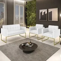 Sofá Namoradeira e 2 Poltronas Base Industrial Dourado Ana Sintético B
