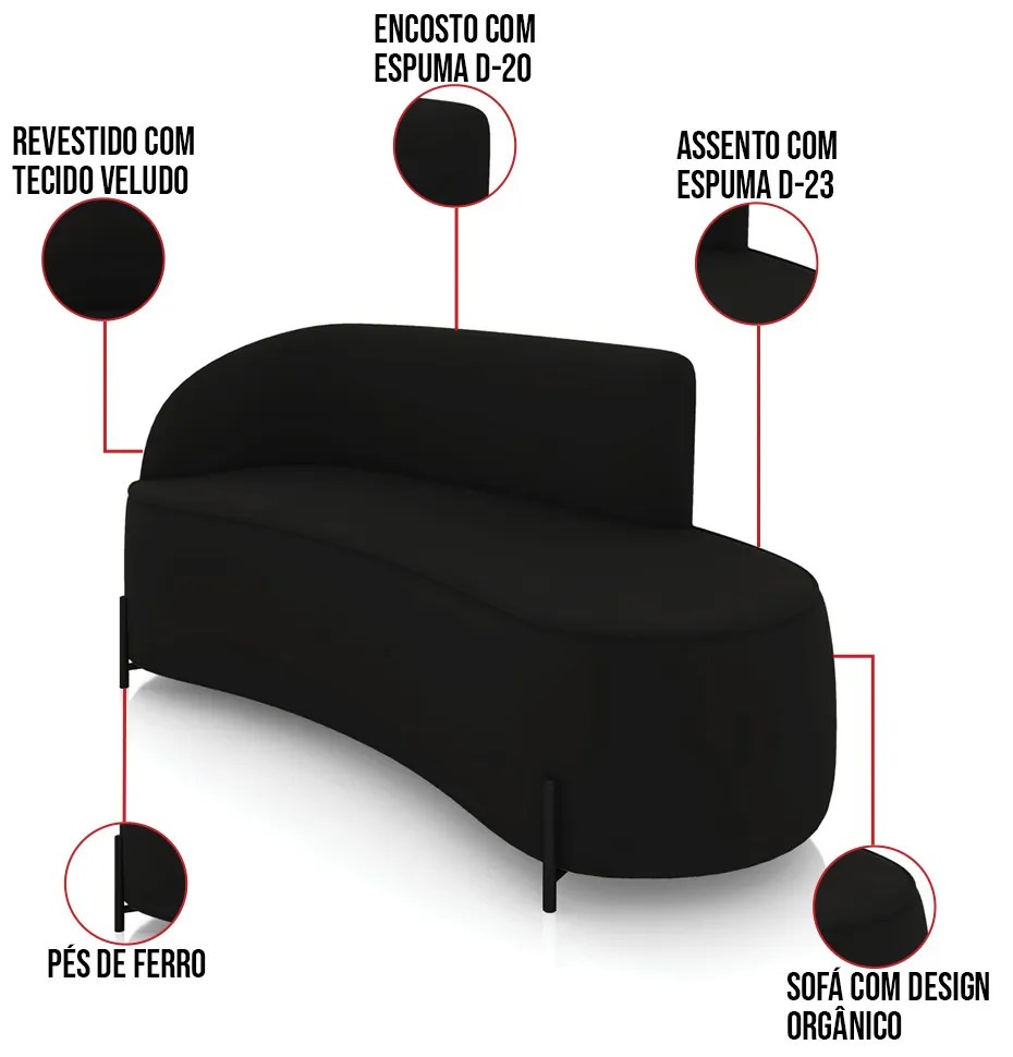 Sofá 3 Lugares Orgânico 180cm Pé Ferro Preto Morgan Veludo D03 - D'Rossi - Preto