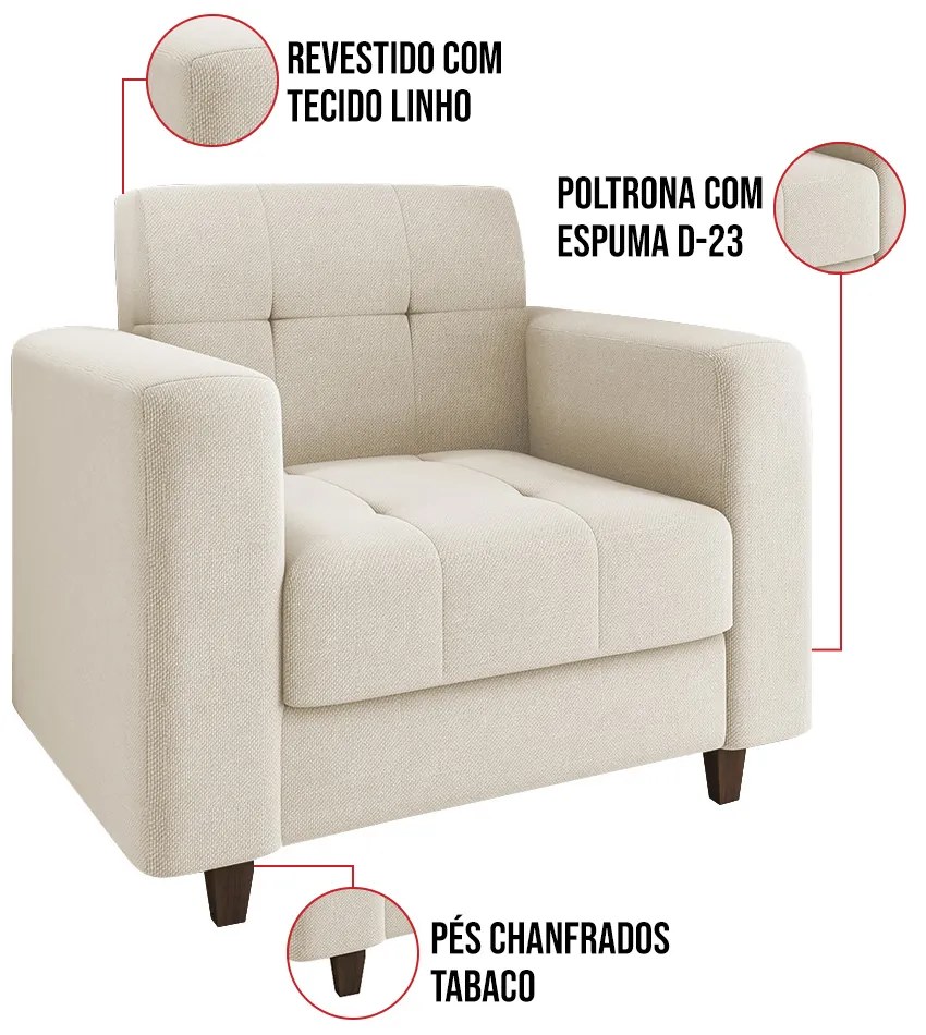 Poltrona Arezzo Linho Pés Chanfrado Tabaco D01 - D'Rossi - A19 Bege