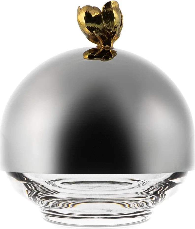 Domus de Cristal com Tampa c/ aplique Flor - Aço Inoxidavél  M
