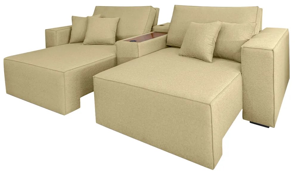 Sofá Decorativo Automatizado Shogun 272cm Reclinável 6 Posições Retrátil c/Console Central Entrada USB Bluetooth Linho Dourado G33 - Gran Belo