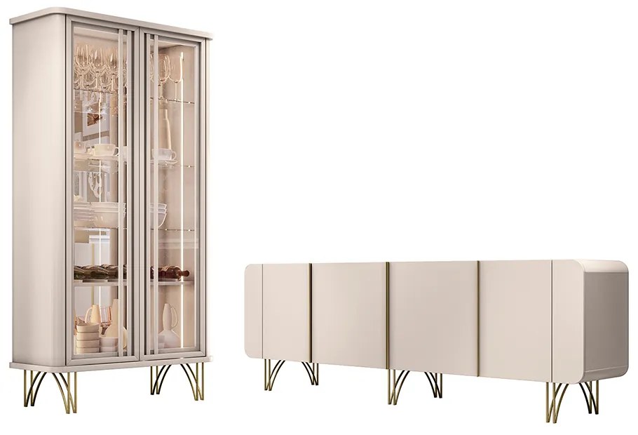 Conjunto Cristaleira Buffet com LED Portas de Vidro Pés Aço Maciço Cor Dourado Texas/Virginia Off White G26 - Gran belo