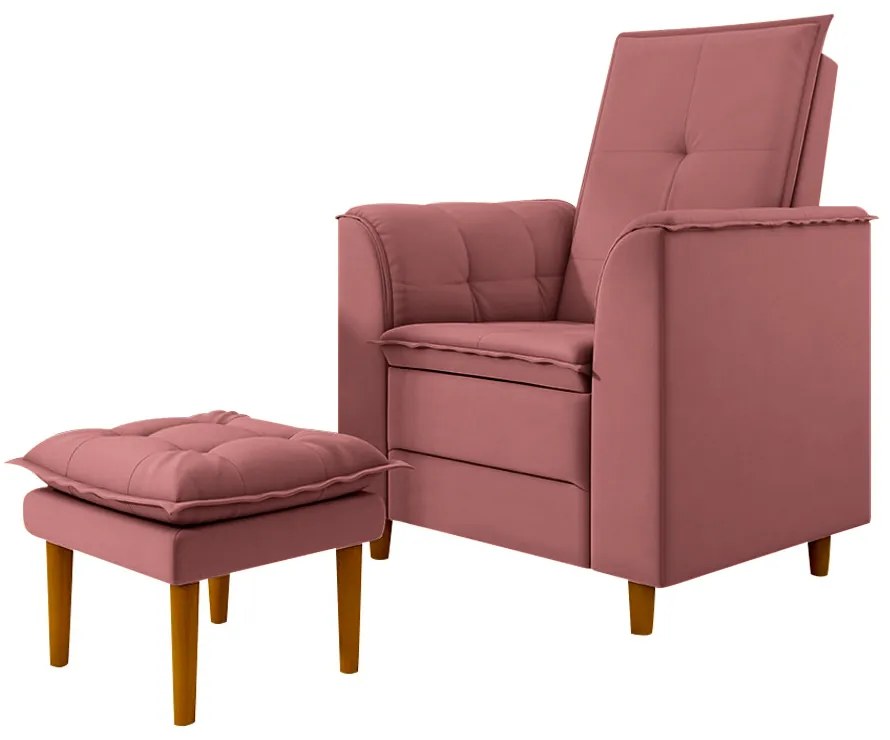 Poltrona de Amamentação Quarto de Bebê Gracy com Puff Pés Palito Veludo Rosa G85 - Gran Belo
