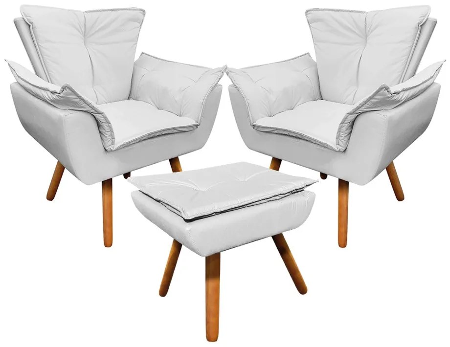 02 Poltronas e 01 Puff Pé Palito de Madeira Opala Corino - Branco
