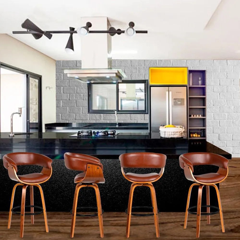 Kit 04 Banquetas para Cozinha Giratória Brenna Base Madeira PU Sintético Marrom G56 - Gran Belo