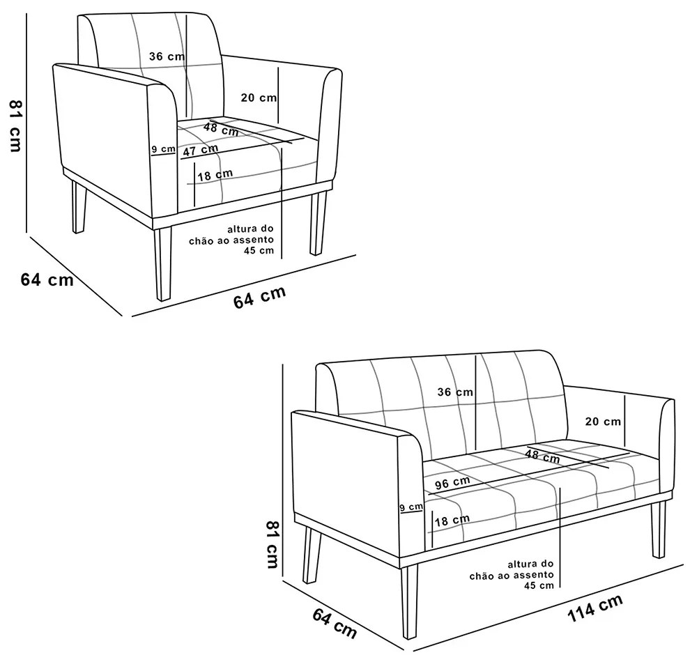 Conjunto 2 Poltronas e 1 Namoradeira Decorativa Karen Pés Fixo em Madeira Castanho PU Branco G19 - Gran Belo