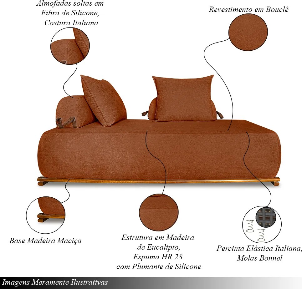 Sofá Modulado 6 Lugares com Almofadas Soltas Pés Madeira Maciça 360cm Homer Bouclê Terracota G63 - Gran Belo