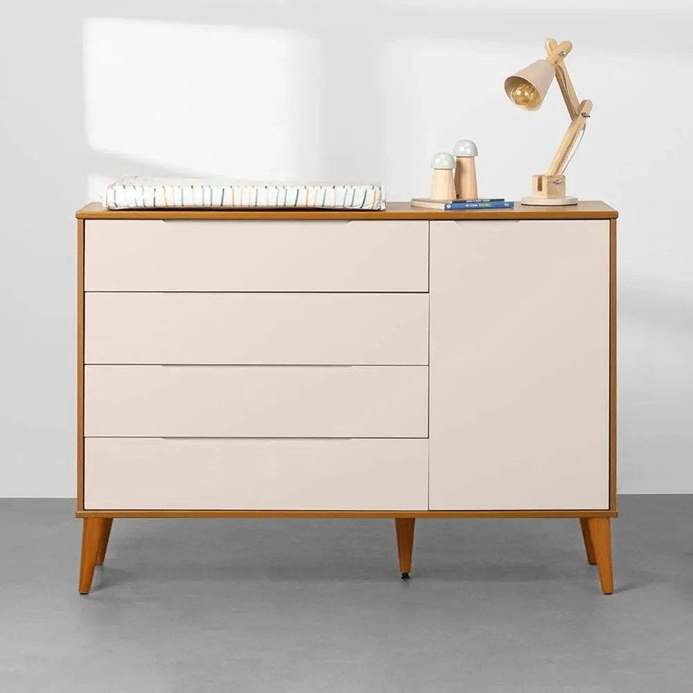 Cômoda Elfe 4 Gavetas e 1 Porta com Pés Retrô Mel – Areia Fosco e Savana