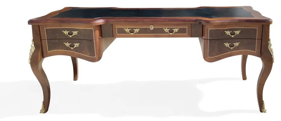 Escrivaninha Papeleira Bengui 5 Gavetas Pés Luís XV Tampo com Couro Natural Estrutura Madeira Maciça Detalhe em Marchetaria Apliques em Metal