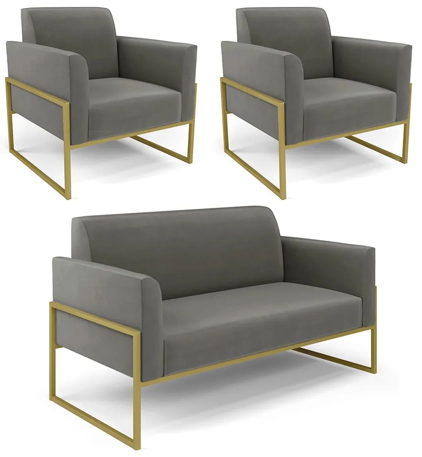 Sofá Namoradeira com 2 Poltronas Base Industrial Alta Dourado Marisa Suede D03 - D'Rossi - Grafite
