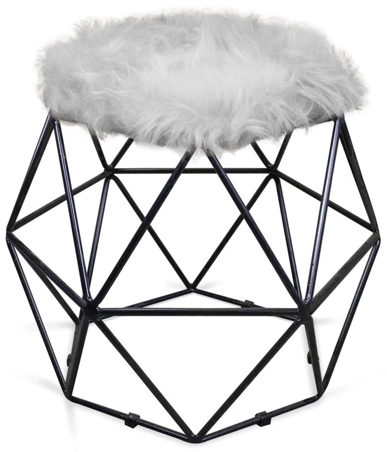 Puff Aramado Hexágono Decorativo Industrial Preto com Pelúcia Cinza D03 - D'Rossi
