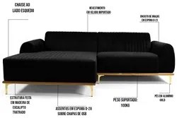 Sofá 230cm 4 Lugares com Chaise Esquerdo Pés Gold Molino C-300 Veludo