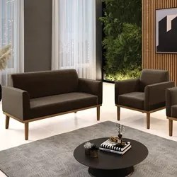 Sofá Namoradeira e 1 Poltrona Base Madeira Castanho Maressa Suede Marr