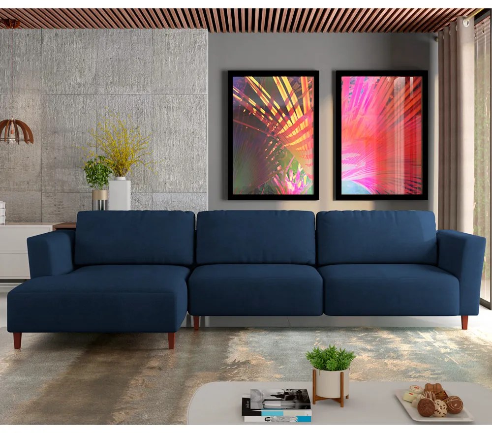 Sofá 370cm com Chaise Esquerda Franz Suede Azul G52 - Gran Belo