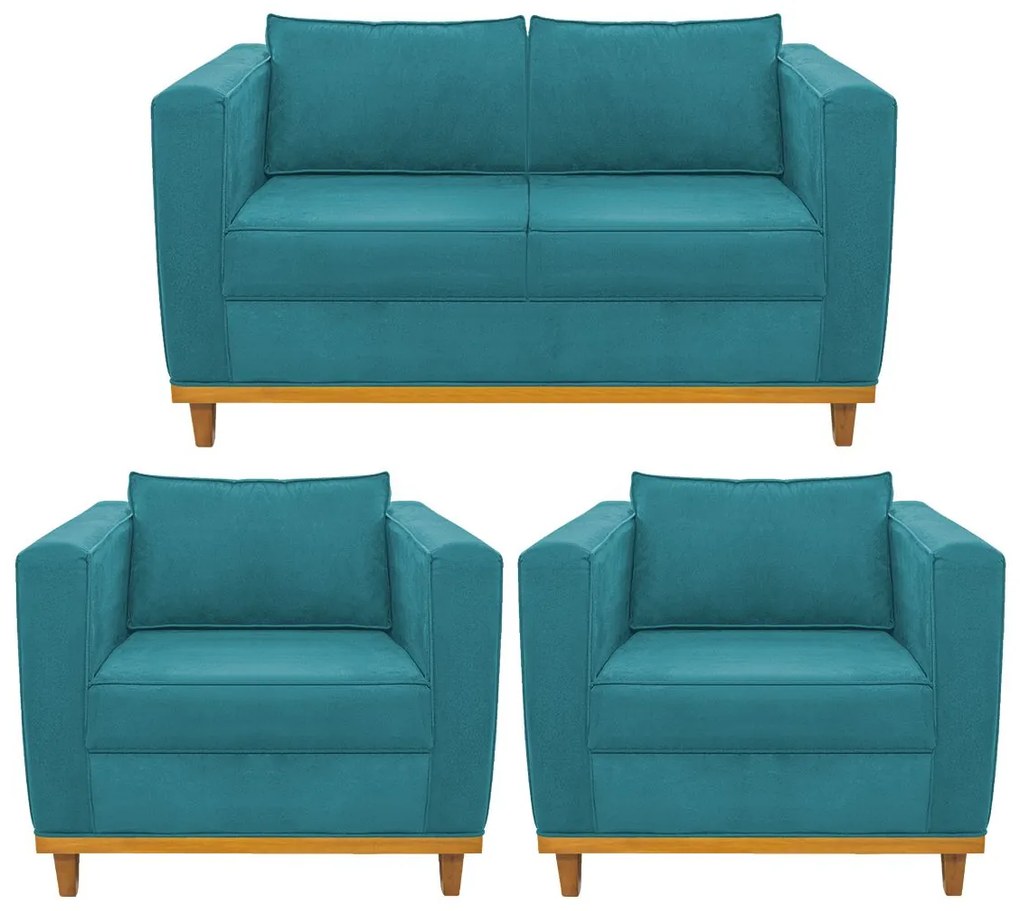 Kit Sofá 2 Lugares e 2 Poltronas Europa Suede Azul Turquesa ADJ Decor