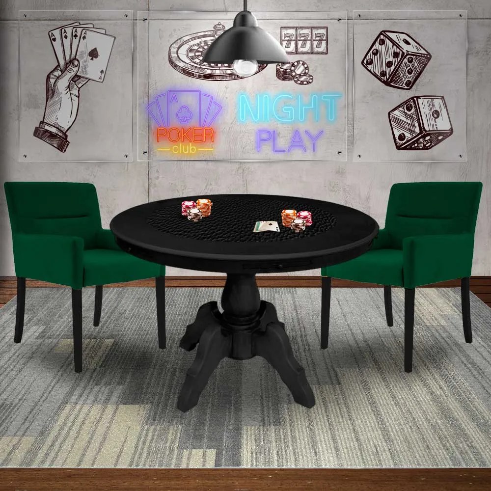 Mesa de Jogos Carteado Montreal Redonda Tampo Reversível Preto com 2 Cadeiras Vicenza Verde G36 G15 - Gran Belo