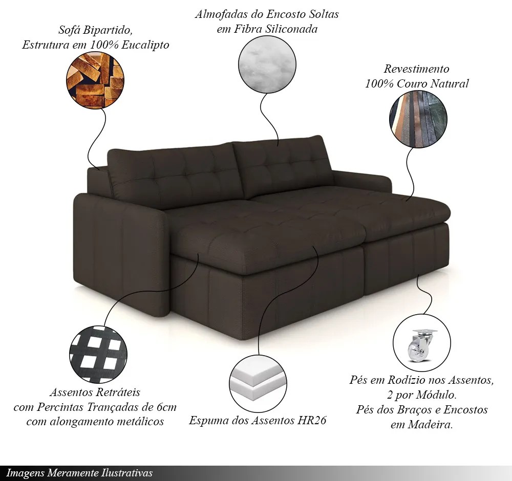 Sofá Retrátil Bipartido Sala de Estar Belém 224cm Couro Marrom G52 - Gran Belo