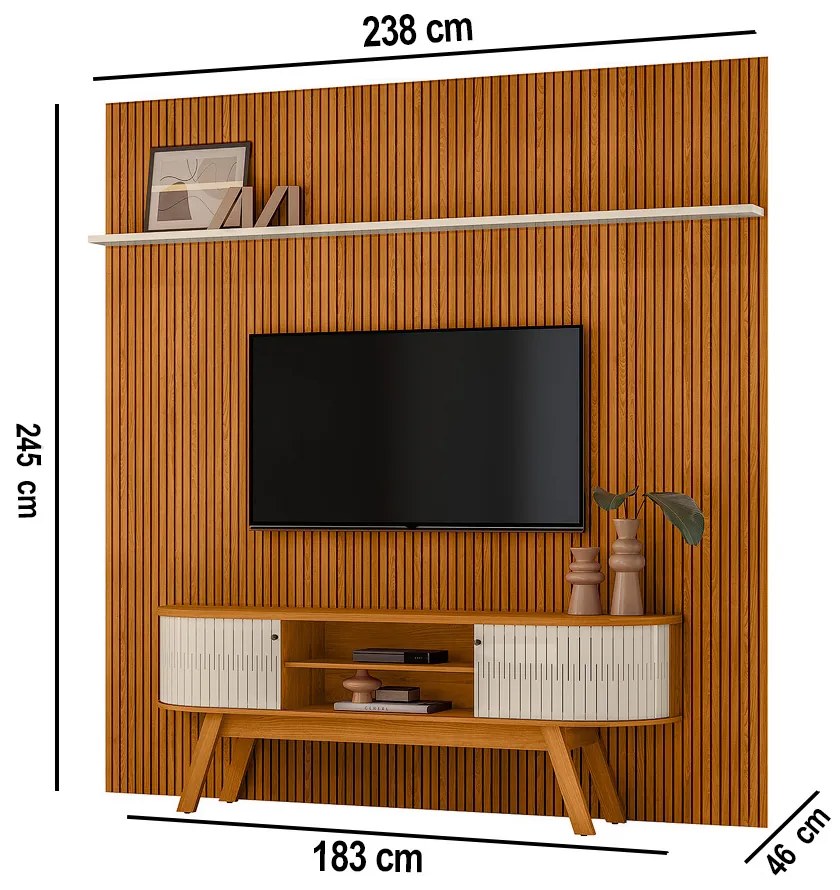 Painel TV 75 Pol 238cm Ripado Kalven com Rack Bancada Enzari M20 - D'Rossi - Cinamomo(fosco)/Off White(brilho)