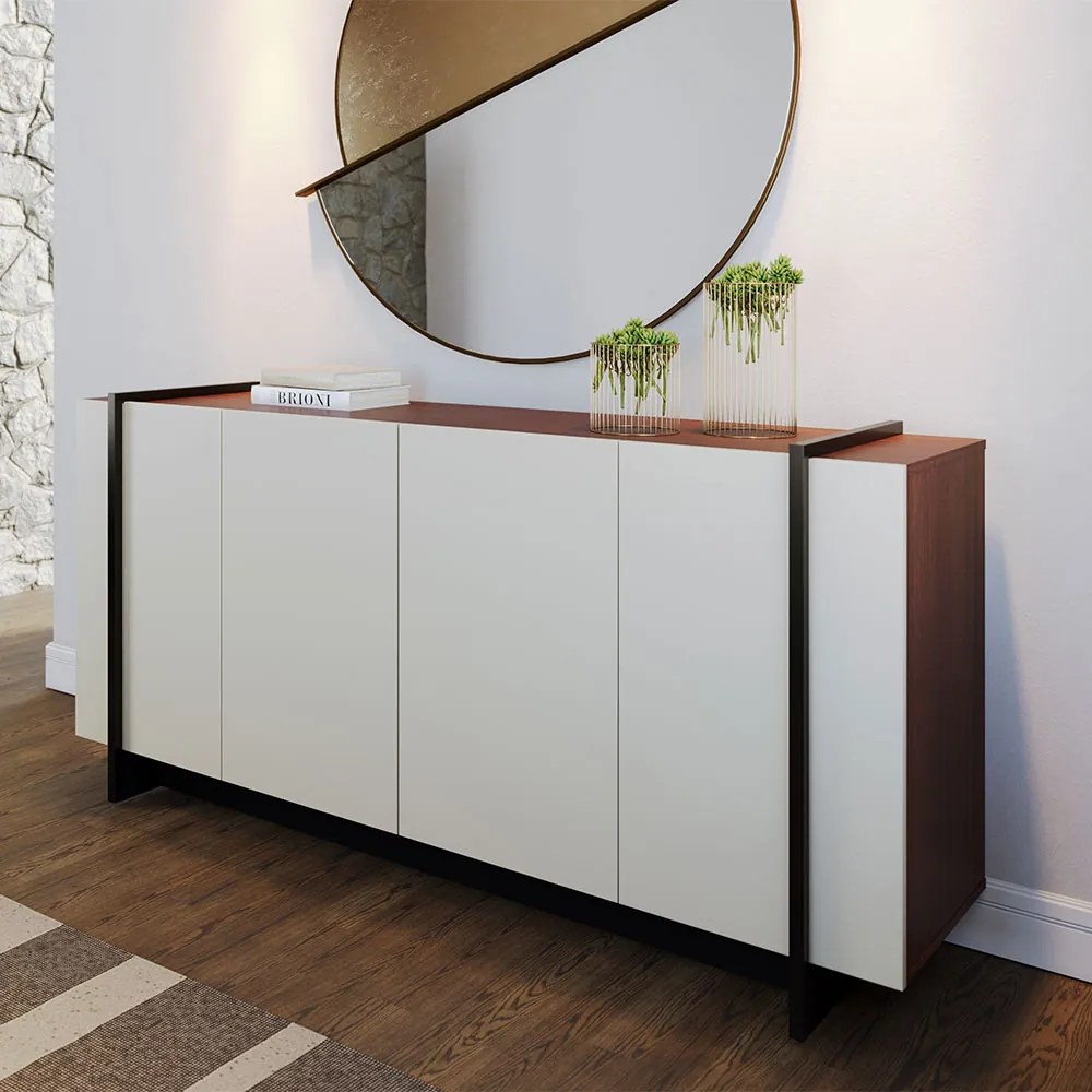 Aparador Buffet 4 Portas Oliwia 160cm Sala Jantar Pé Preto Fosco C04 - D'Rossi - Off White e Nogueira