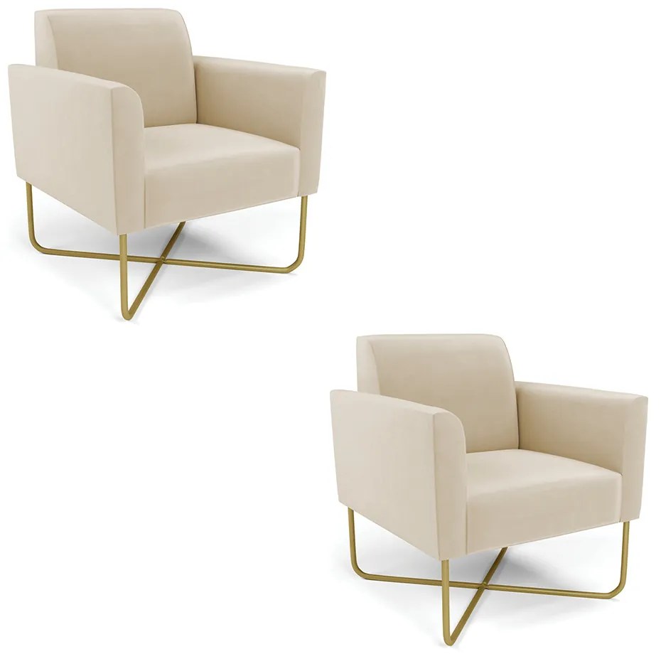 Kit 2 Poltronas Base X Industrial Dourado Marisa Suede Bege  D03 - DRossi