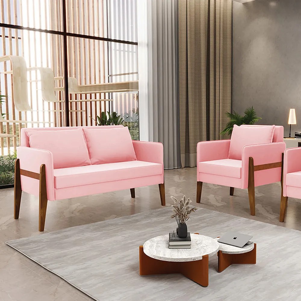 Kit 1 Sofá Namoradeira e 1 Poltrona Lana Suede Rosa Bebê Base de Madeira - D'Rossi