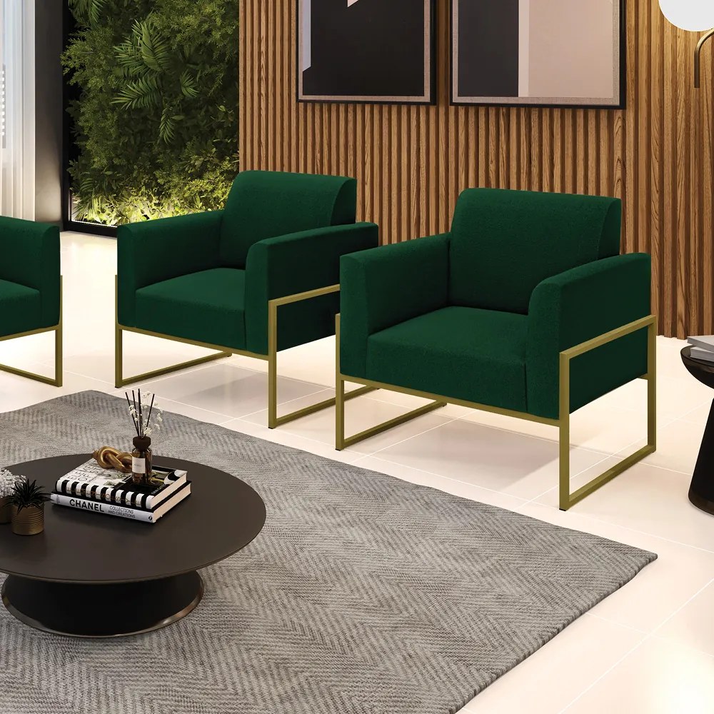 Poltrona Sala Estar Industrial Alta Dourado Kit 2 Marisa Bouclê - Verde