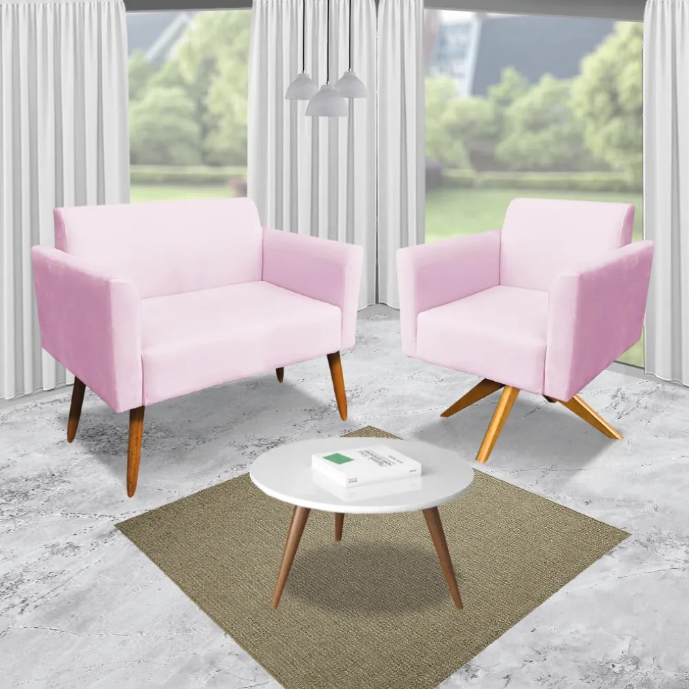 Kit 01 Namoradeira 02 Lugares e 02 Poltronas Marisa Suede Rosa Bebê Base Giratória Madeira MA30 D'Rossi