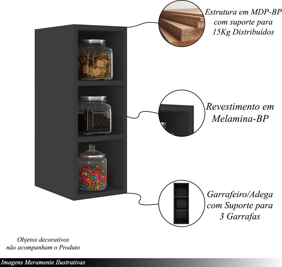 Nicho Adega 3 Garrafas Hazy Móvel Vertical MDP/BP Preto G96 - Gran Belo