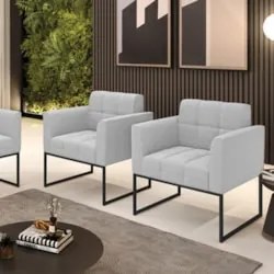 Poltrona Sala Base Industrial Preto Kit 2 Ana Bouclé Cinza - Ibiza