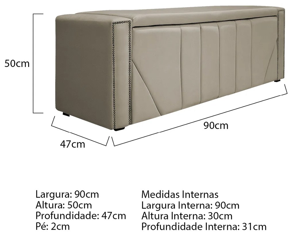 Calçadeira Baú Solteiro Minsk P02 90 cm para cama Box Suede - ADJ Decor