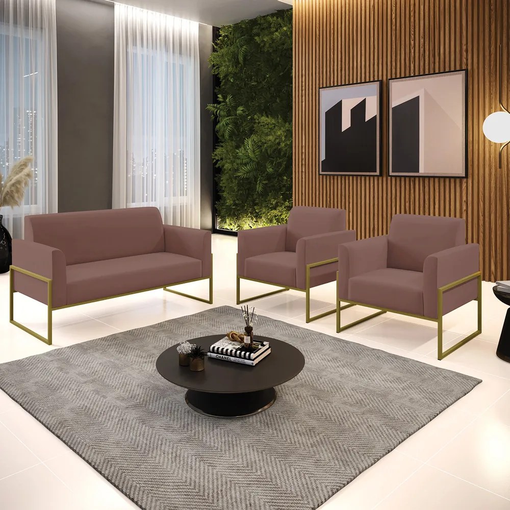 Sofá Namoradeira com 2 Poltronas Base Industrial Alta Dourado Marisa Veludo D03 - DRossi - Rose