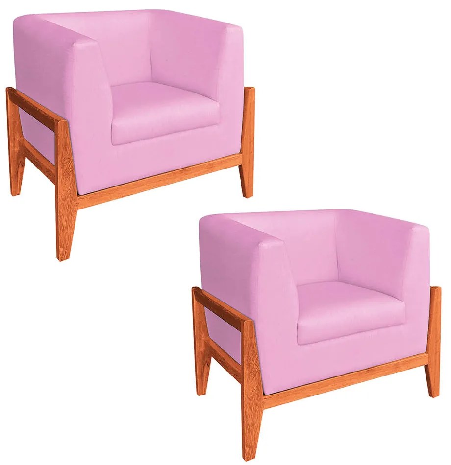 Kit 02 Poltronas Lucy Linho Base Madeira Castanho C05 - D'Rossi - Rosa Chiclete A08