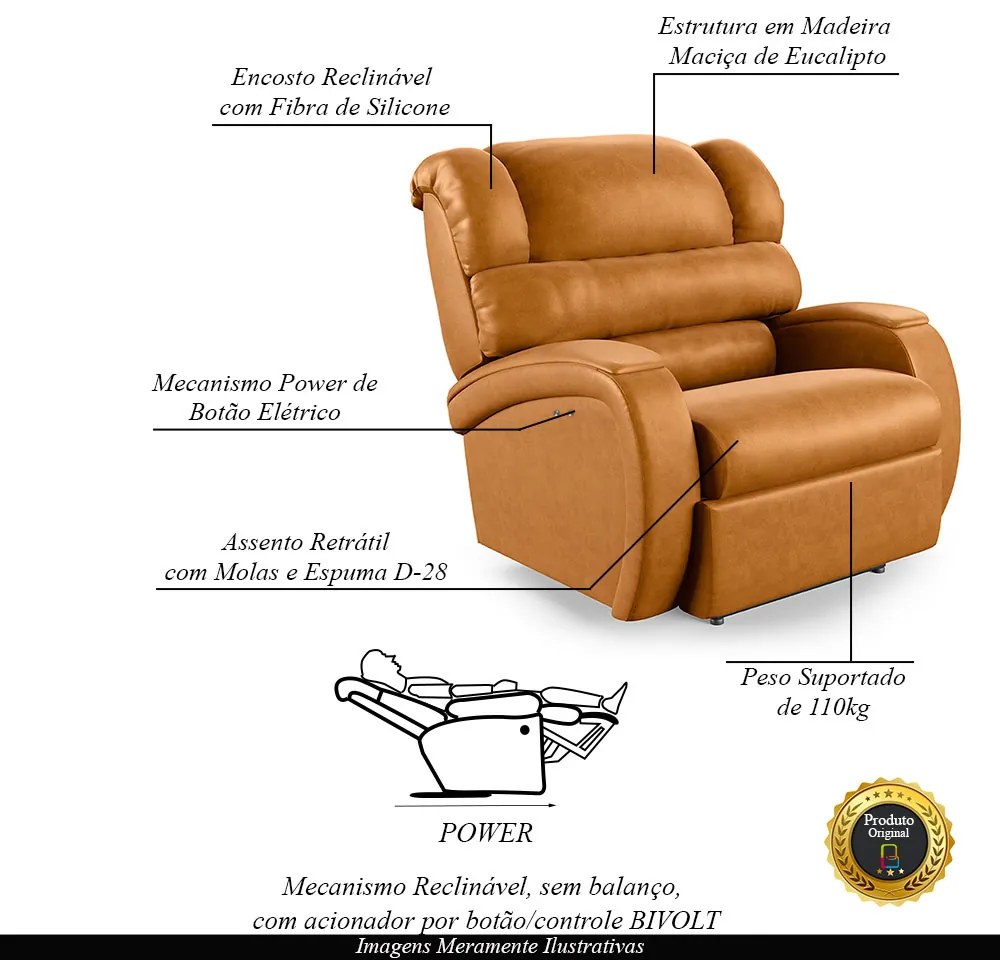 Poltrona do Papai Sala de Cinema Reclinável Kylie Power Touch PU Whisky G23