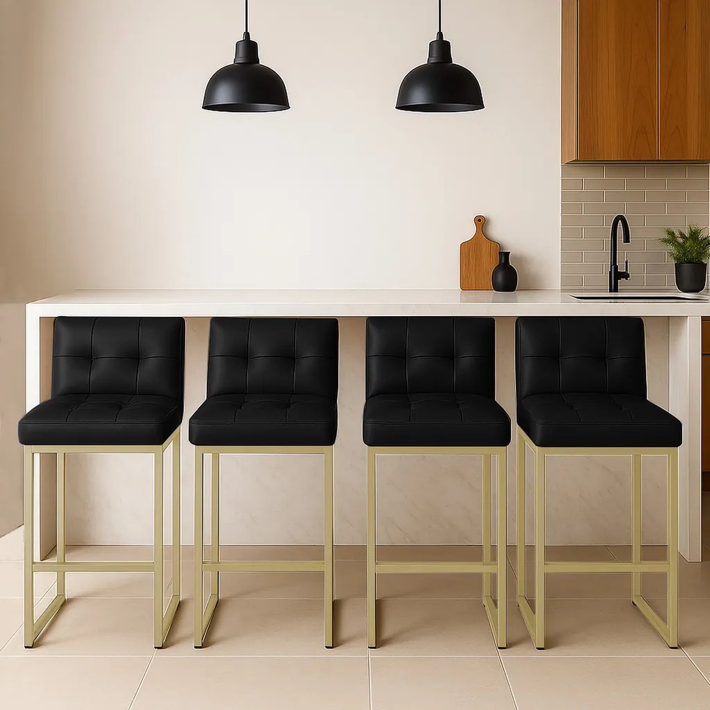 Banqueta Cozinha Alta com Encosto Industrial Kit 4 Champanhe Lirina PU C05 - D'Rossi - Preto