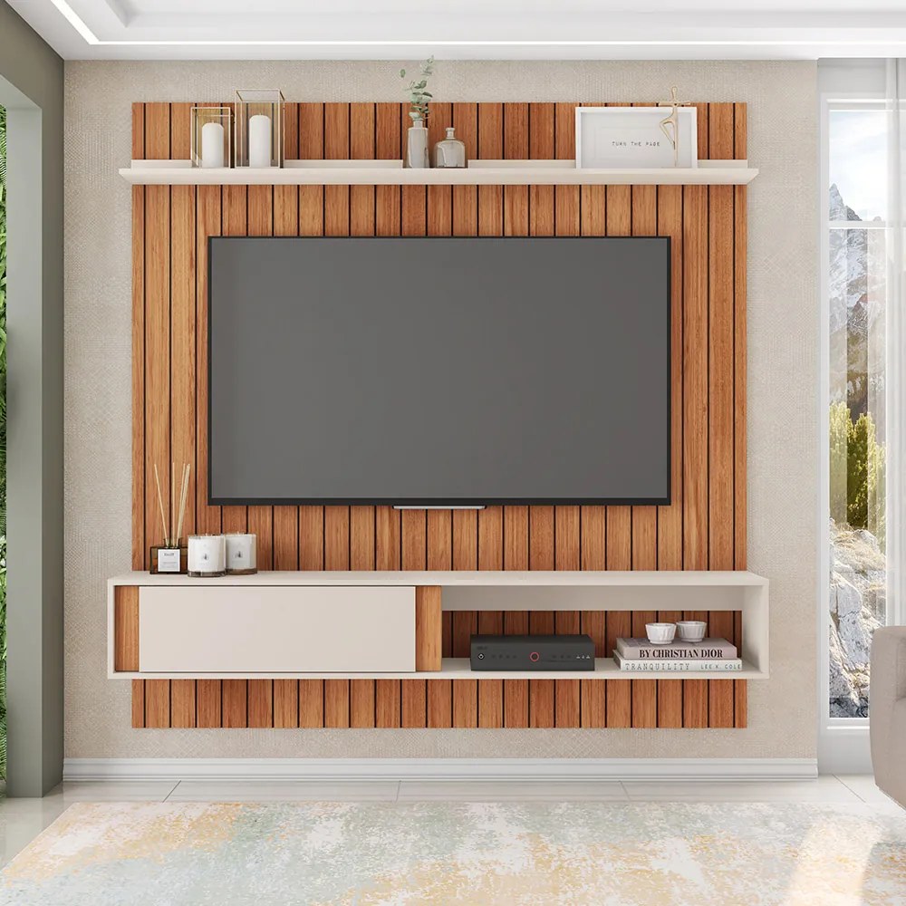 Painel TV 75 Pol 180cm Bancada Suspensa Ripado Eluni C01 - D'Rossi - Freijó/Off White