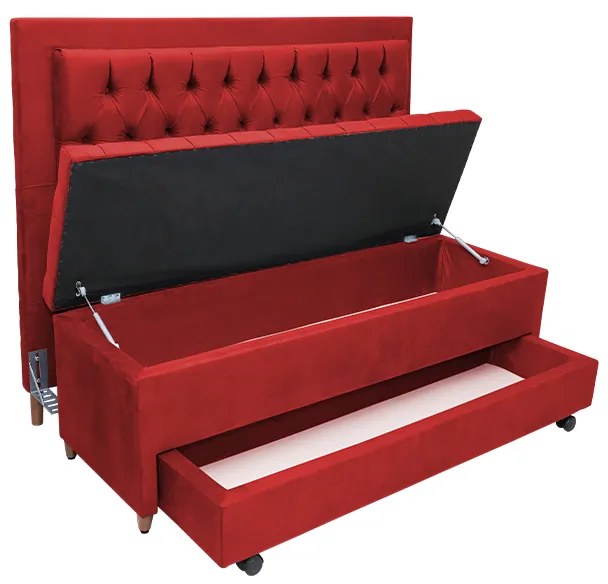 Cabeceira com Calçadeira Baú Solteiro 90cm Paris Capitonê Suede Vermelho - Sheep Estofados - Vermelho