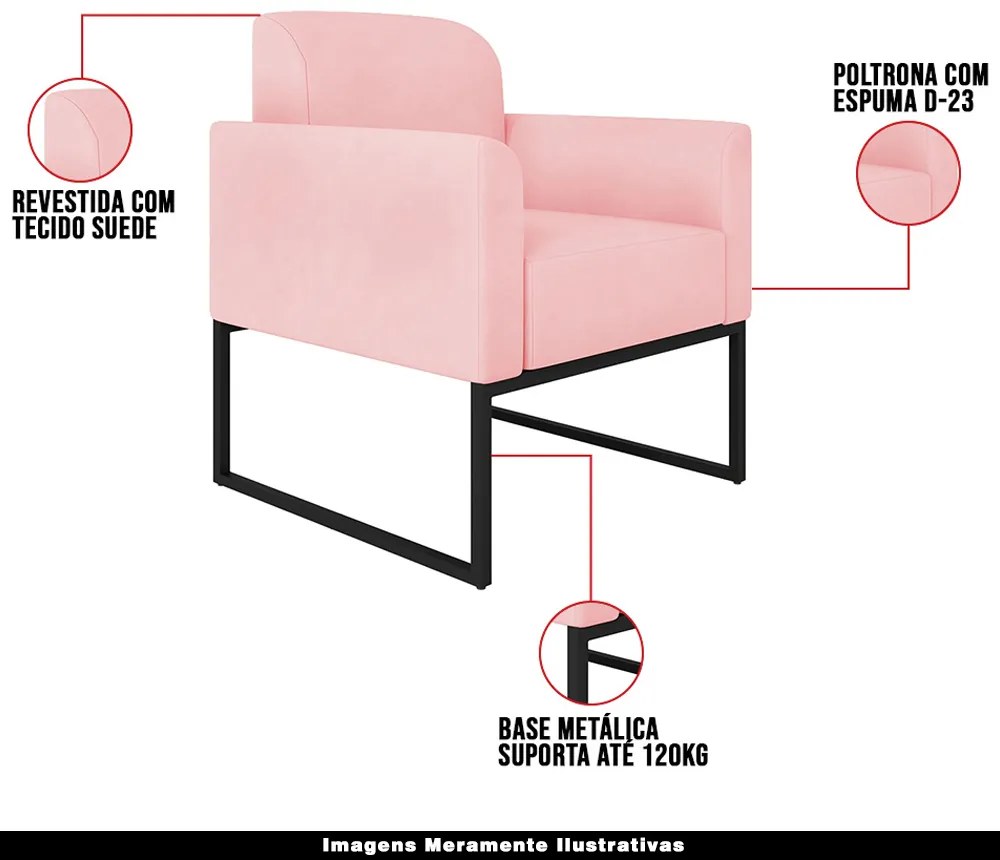 Poltrona Decorativa Isabella Base Industrial Suede Rosa Bebê/Preto G19 - Gran Belo