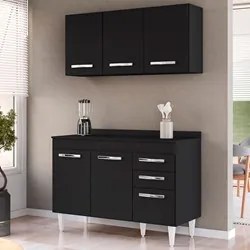 Armário Aéreo Honduras e Balcão Gabinete com Tampo 120cm Suécia Preto