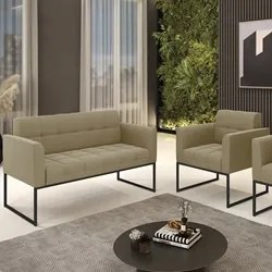 Sofá Namoradeira e 1 Poltrona Base Industrial Preto Ana Suede Marrom R