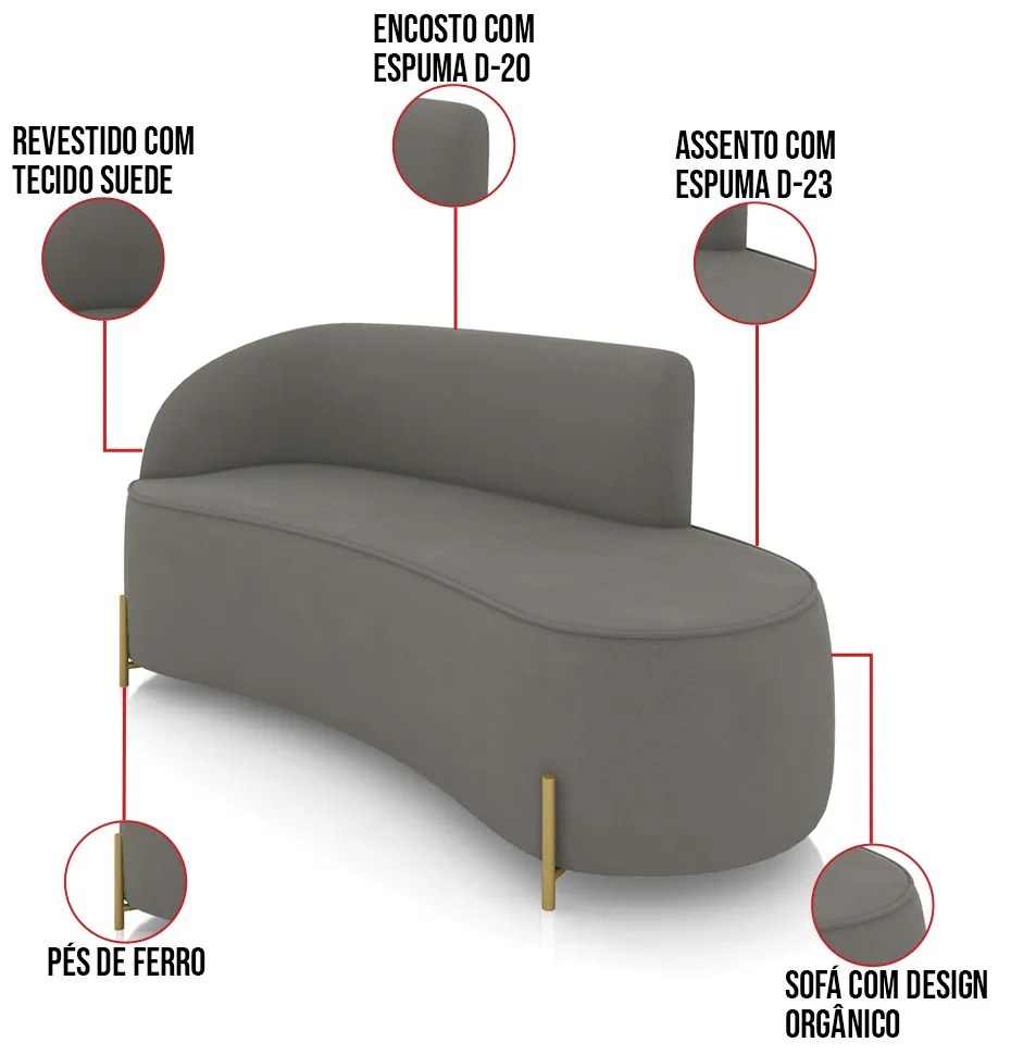 Sofá 3 Lugares Orgânico 180cm Pé Dourado Morgan Suede D03 - D'Rossi - Grafite