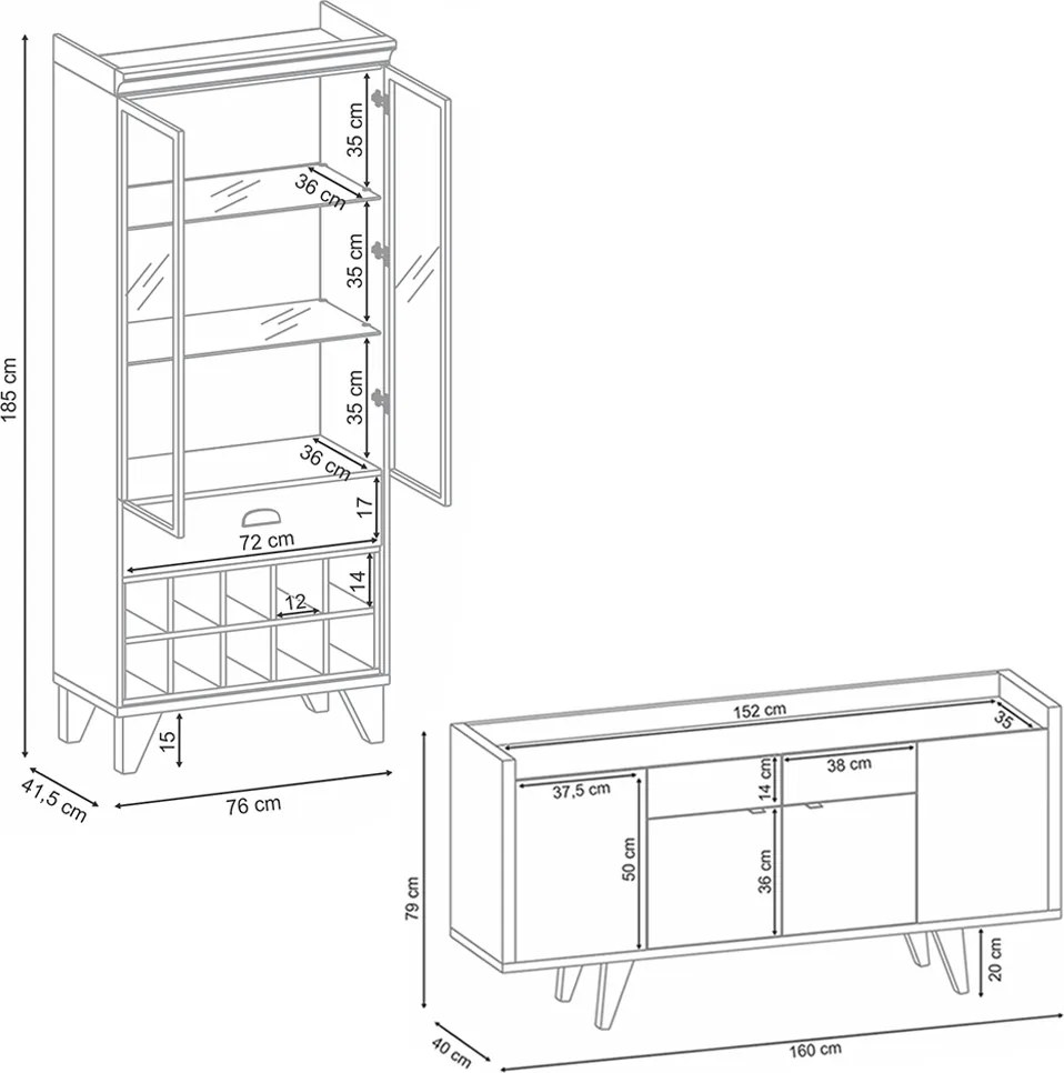 Conjunto Decorativo Cristaleira Adega e Buffet Balcão Andorra/Albâni Off White/Castanho G26 - Gran Belo