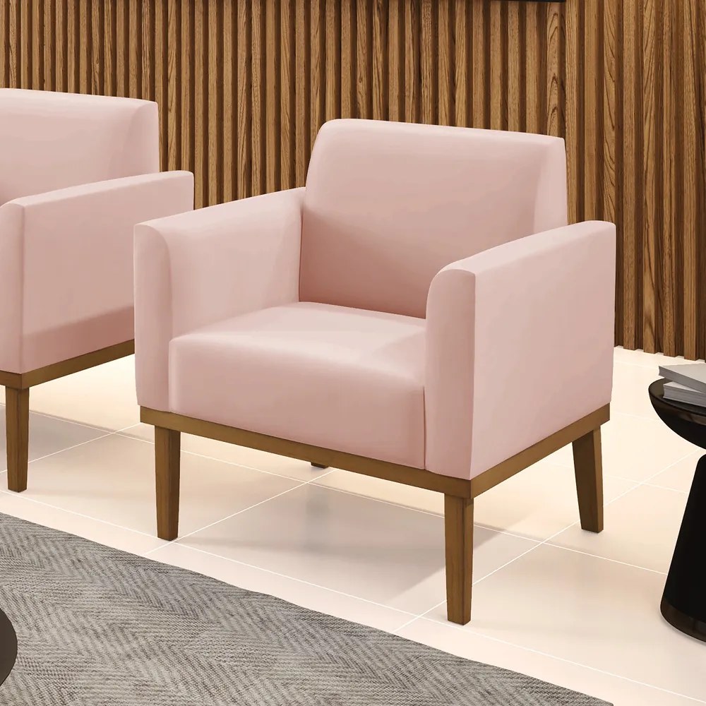 Poltrona Base de Madeira Fixa Castanho Marisa Veludo - Rose