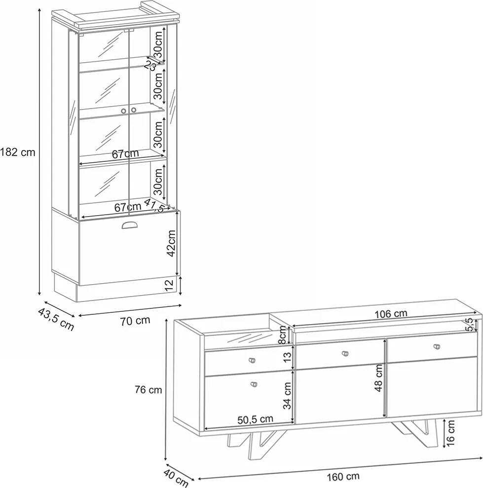 Conjunto Decorativo Cristaleira e Buffet Aparador Aura/Sollare Off White/Castanho G26 - HB Móveis