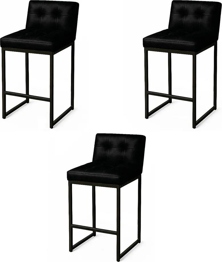 Banqueta Cozinha Alta com Encosto Industrial Kit 3 Preto Lirina PU Preto C05 - D'Rossi