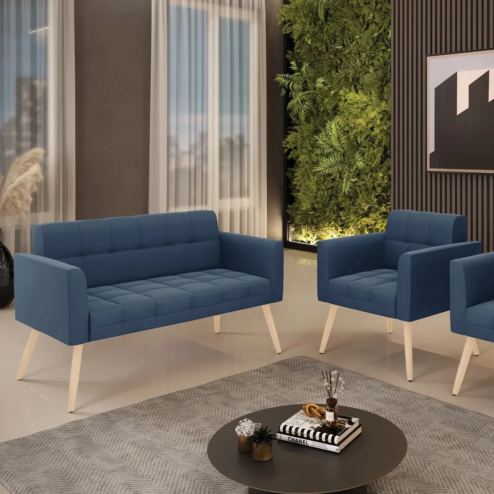 Kit 1 Sofá Namoradeira e 1 Poltrona Elisa Suede Pés Palito Natural - D'Rossi - Azul Marinho