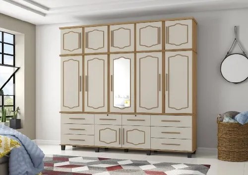 Guarda Roupa Triplex Diamante Com Espelho Nature/Off White - J&A Móveis